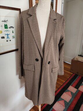 Houndstooth Brown Long Blazer Cardigan Women M